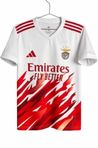 White Benfica football jersey on a hanger with red abstract stripes, club crest, and Emirates Fly Better sponsor text