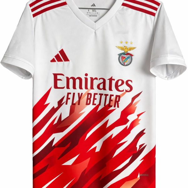 White Benfica football jersey on a hanger with red abstract stripes, club crest, and Emirates Fly Better sponsor text