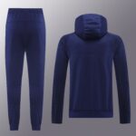 Pair of dark blue sweatpants (left) and a matching blue hooded sweatshirt (right) shown from the back, with visible stitching details.