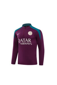 Paris Saint-Germain training jersey in purple with teal shoulders, long sleeves and sponsor Qatar Airways logo on the front.