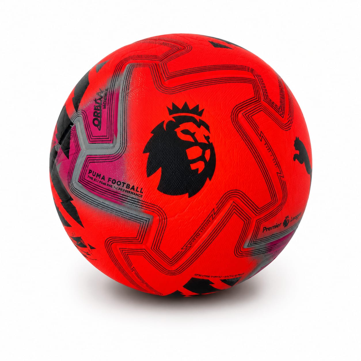 49ba4062-2fee-4dc0-88f8-3dc5514e2393 | UAE SPORT STORE Red Puma football with black geometric patterns and Premier League lion logo on a white background.