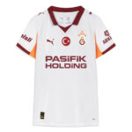 White Galatasaray football jersey with maroon collar, orange side panels, and the Pasifik Holding sponsor across the chest.