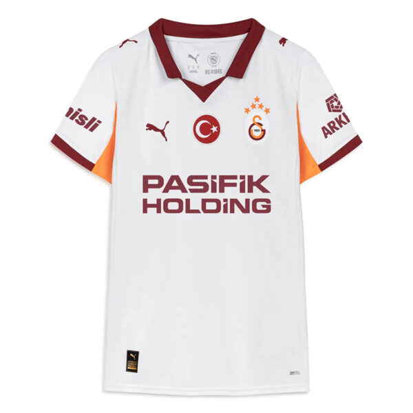 White Galatasaray football jersey with maroon collar, orange side panels, and the Pasifik Holding sponsor across the chest.