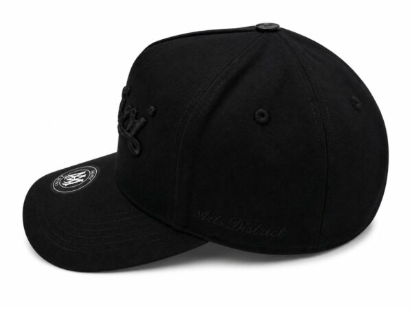 Black vintage script street cap for casual sportswear.