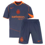 Dark blue soccer jersey and shorts set with orange trim and sponsor text, likely a team kit.