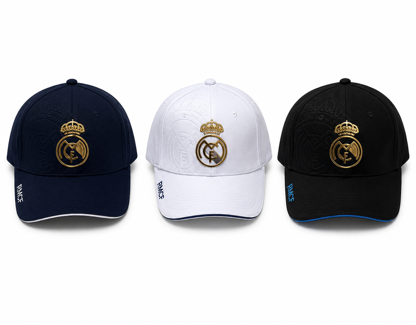 4E4A7CA3-646E-483A-B316-135738C70FC7 Three Real Madrid baseball caps in navy, white, and black with gold crest logos and blue trim on brims (RMCF on side).