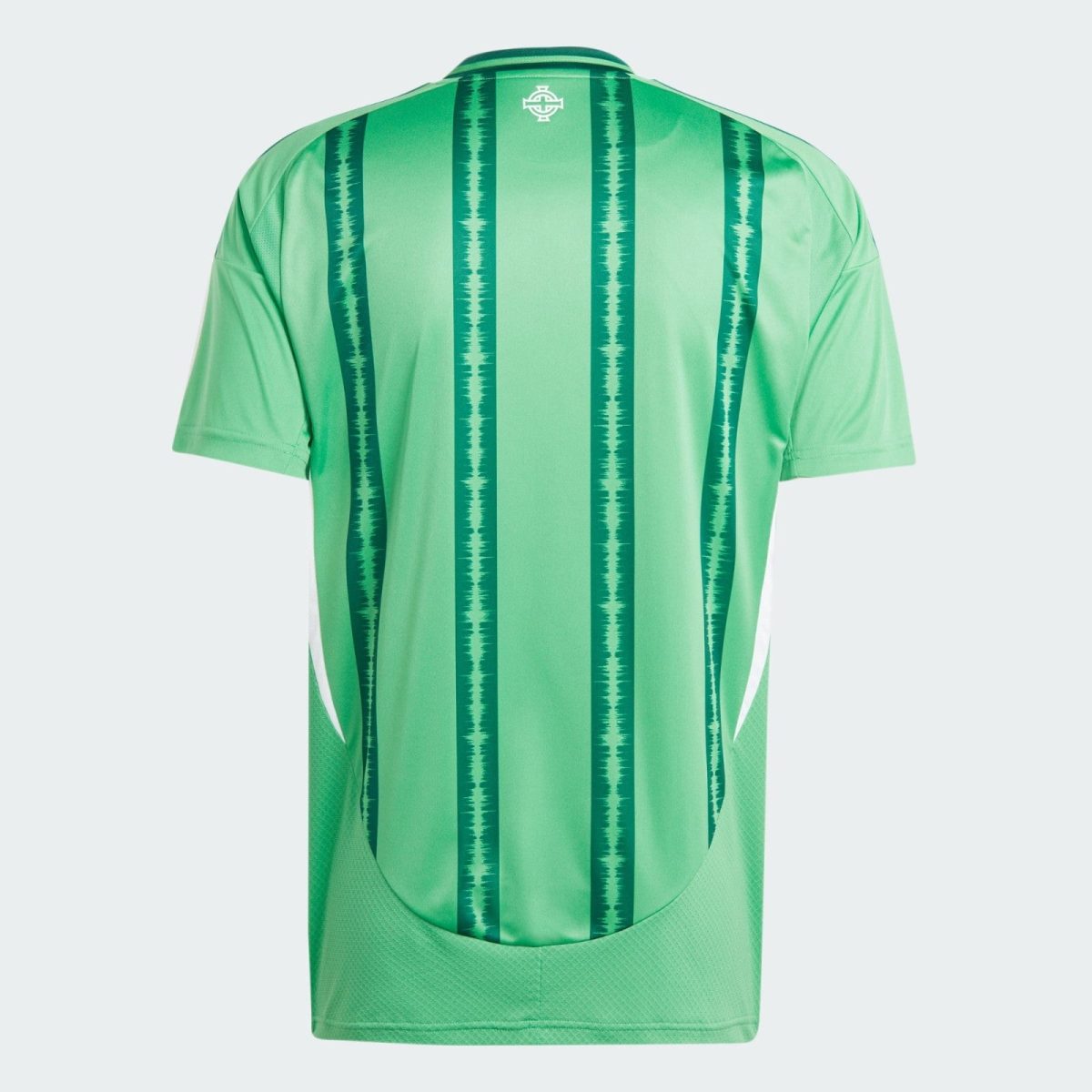 Back view of a bright green athletic jersey with dark teal vertical stripes and a small white crest at the neck area.