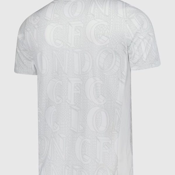 Back view of a white T-shirt with a subtle all-over light gray typography pattern. This describes the garment and the pattern without focusing on details.