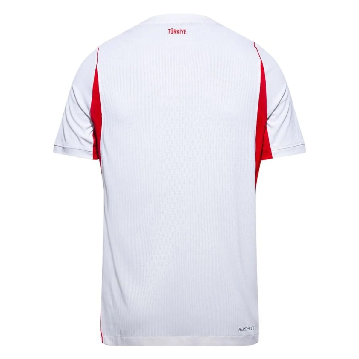 Back view of a white athletic jersey with red side panels, TÜRKİYE text at the neck area.