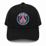 Black cap with a round PSG emblem on the front panel, Paris Saint-Germain logo in blue, red, and white.