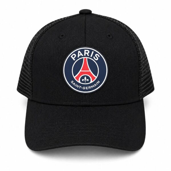 Black cap with a round PSG emblem on the front panel, Paris Saint-Germain logo in blue, red, and white.