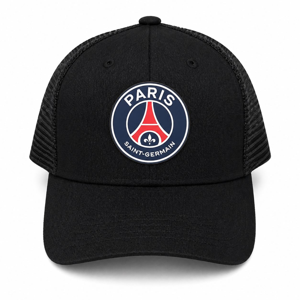 4a728edd-a0ed-4c6e-9f2a-014750e10de2 Black cap with a round PSG emblem on the front panel, Paris Saint-Germain logo in blue, red, and white.