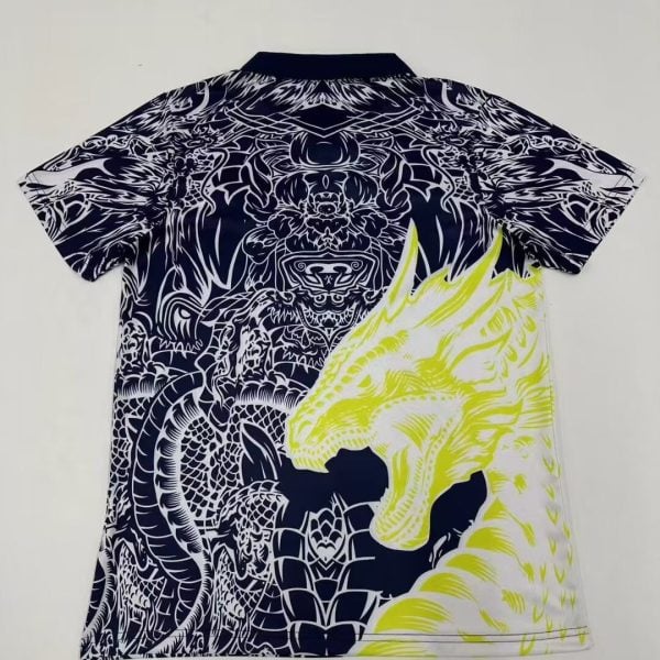 Back view of a short-sleeve shirt with an intricate navy and white dragon pattern and a bright neon yellow dragon graphic on the lower right side.