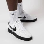 White Nike Air Force 1 sneakers worn with white crew socks, showing black Nike swooshes on a clean studio backdrop.