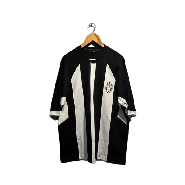 Black and white striped soccer jersey on a wooden hanger against a white background, with the team crest on the left chest.