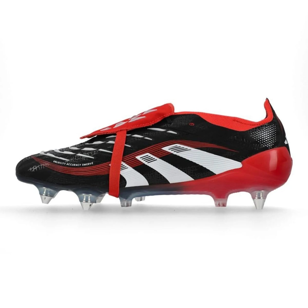 Black and red soccer cleat with white stripes and red laces on a white background (informative product photo).