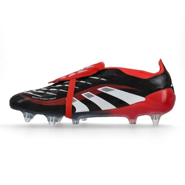 Black and red soccer cleat with white stripes and red laces on a white background (informative product photo).