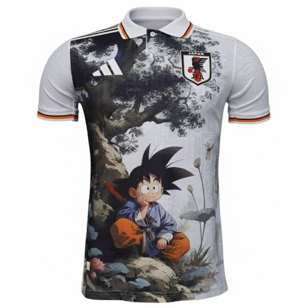 White polo-style jersey with a Dragon Ball Z character (Goku) sitting by a tree, and a Japan-themed crest on the chest.