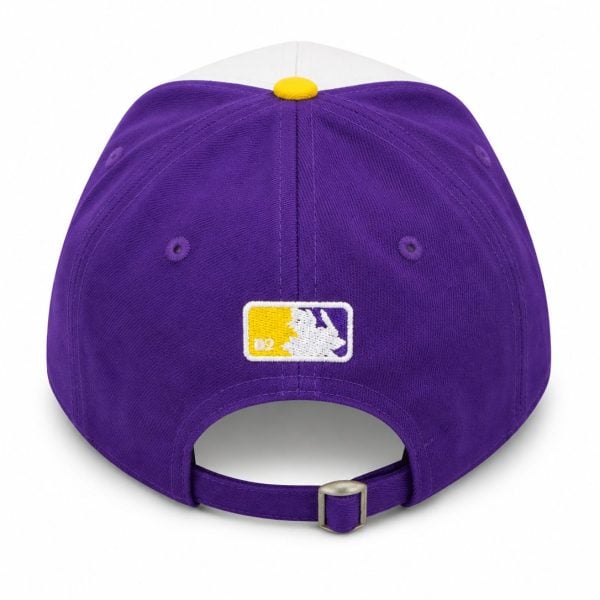 Rear view of a purple baseball cap with an adjustable strap and yellow top button, featuring an embroidered MLB logo patch on the back panel.