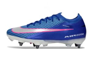 Blue Nike soccer cleat with pink swoosh and white sole, Air Zoom branding visible on the heel area.