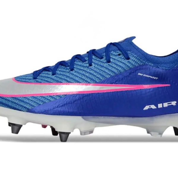 Blue Nike soccer cleat with pink swoosh and white sole, Air Zoom branding visible on the heel area.