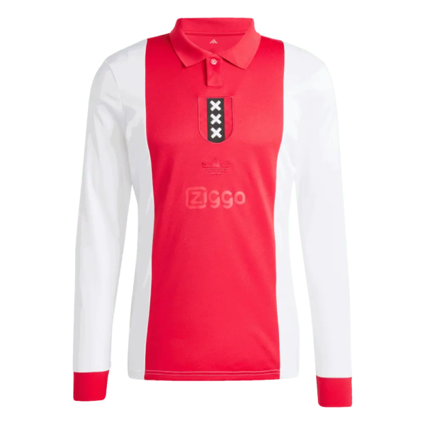 Red and white long-sleeve soccer jersey with a red front panel and white sleeves, featuring a crest with three white Xs and the Ziggo sponsor on the chest.