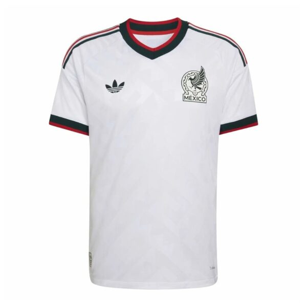 White Mexico national team soccer jersey with green and red trim, featuring the Adidas logo on the left chest and the Mexico crest on the right chest.