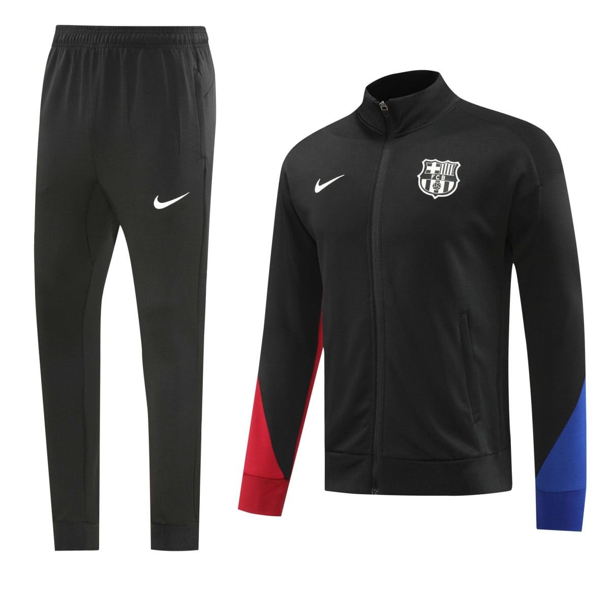 Black training tracksuit: zip-front jacket with FC Barcelona crest and Nike swoosh, paired with black pants with Nike logo. White background.