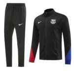Black training tracksuit: zip-front jacket with FC Barcelona crest and Nike swoosh, paired with black pants with Nike logo. White background.