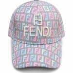 Pastel pink, blue, and gray Fendi cap with a repeating logo pattern and white embroidered 'FENDI' on the front panel and brim edge.