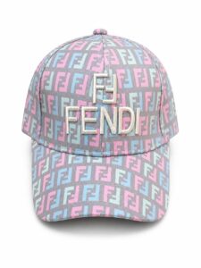 Pastel cap with all-over Fendi logo pattern in pink, blue and gray and a white embroidered 'FENDI' on the front.