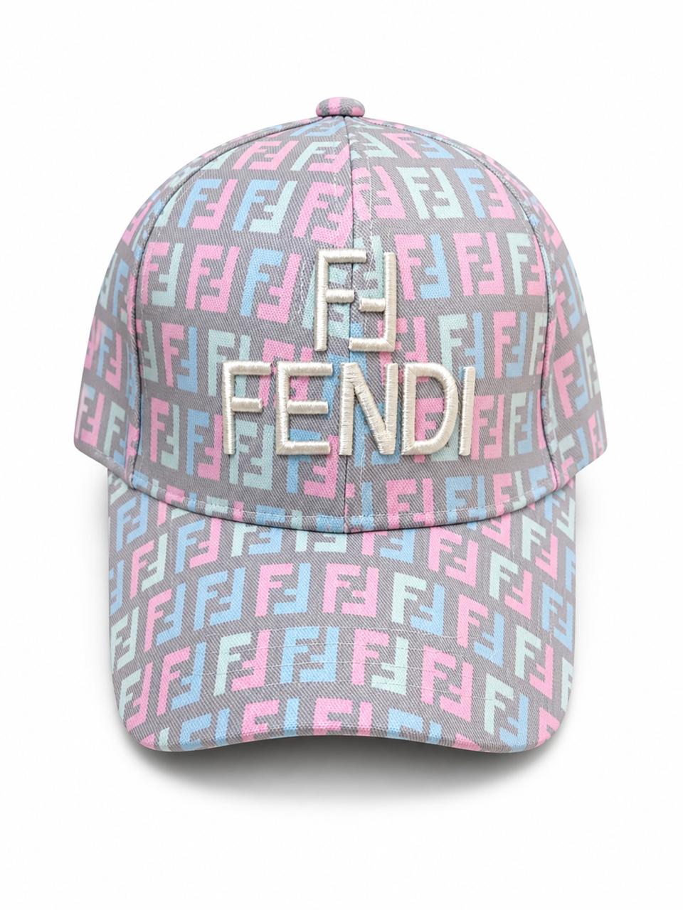 4f04a5f0-60fd-4a2c-b78d-f5b8f6323579 Pastel cap with all-over Fendi logo pattern in pink, blue and gray and a white embroidered 'FENDI' on the front.