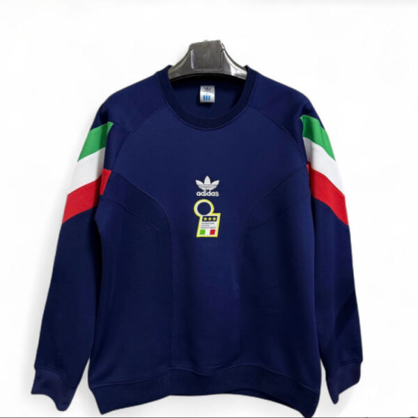 Navy blue Adidas sweatshirt with Italian flag color blocks on the sleeves, hanging on a metal hanger