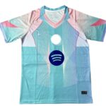 Colorful athletic jersey with light blue, pink, and teal gradients, white geometric lines, and a blue Spotify logo on the front center; V-neck collar visible.