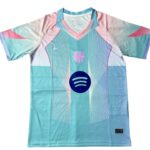 Barcelona FC jersey in pastel teal and pink with Spotify sponsor logo on chest and Barça crest