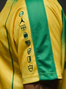 Close-up of a yellow and green sports jersey sleeve with a vertical row of embroidered crest-like symbols and a green stripe.