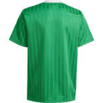 Back view of a green athletic jersey with vertical darker green stripes and a white collar edge visible at the neck.