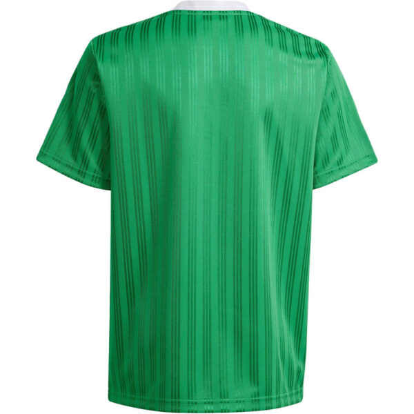 Back view of a green athletic jersey with vertical darker green stripes and a white collar edge visible at the neck.
