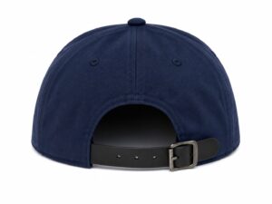 Back view of a navy blue baseball cap with an adjustable black strap and metal buckle