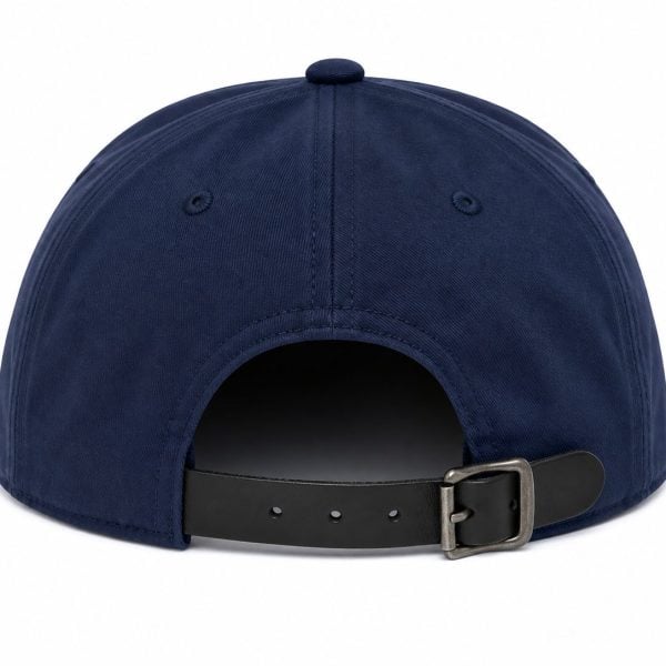 Back view of a navy blue baseball cap with an adjustable black strap and metal buckle