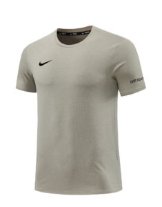 Gray Nike performance tee with breathable mesh, black swoosh on chest, and 'JUST DO IT' on the sleeve sleeve edge.