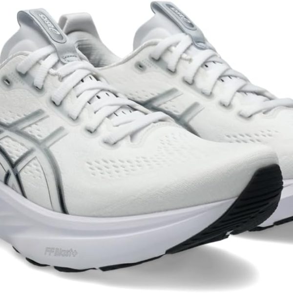 Pair of white running shoes with a thick cushioned midsole and black outsole accents on the toe area.