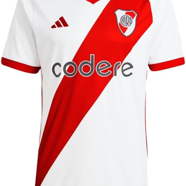 White soccer jersey with a bold red diagonal sash, club crest on the chest, Adidas stripes on shoulders, and 'codere' sponsor text