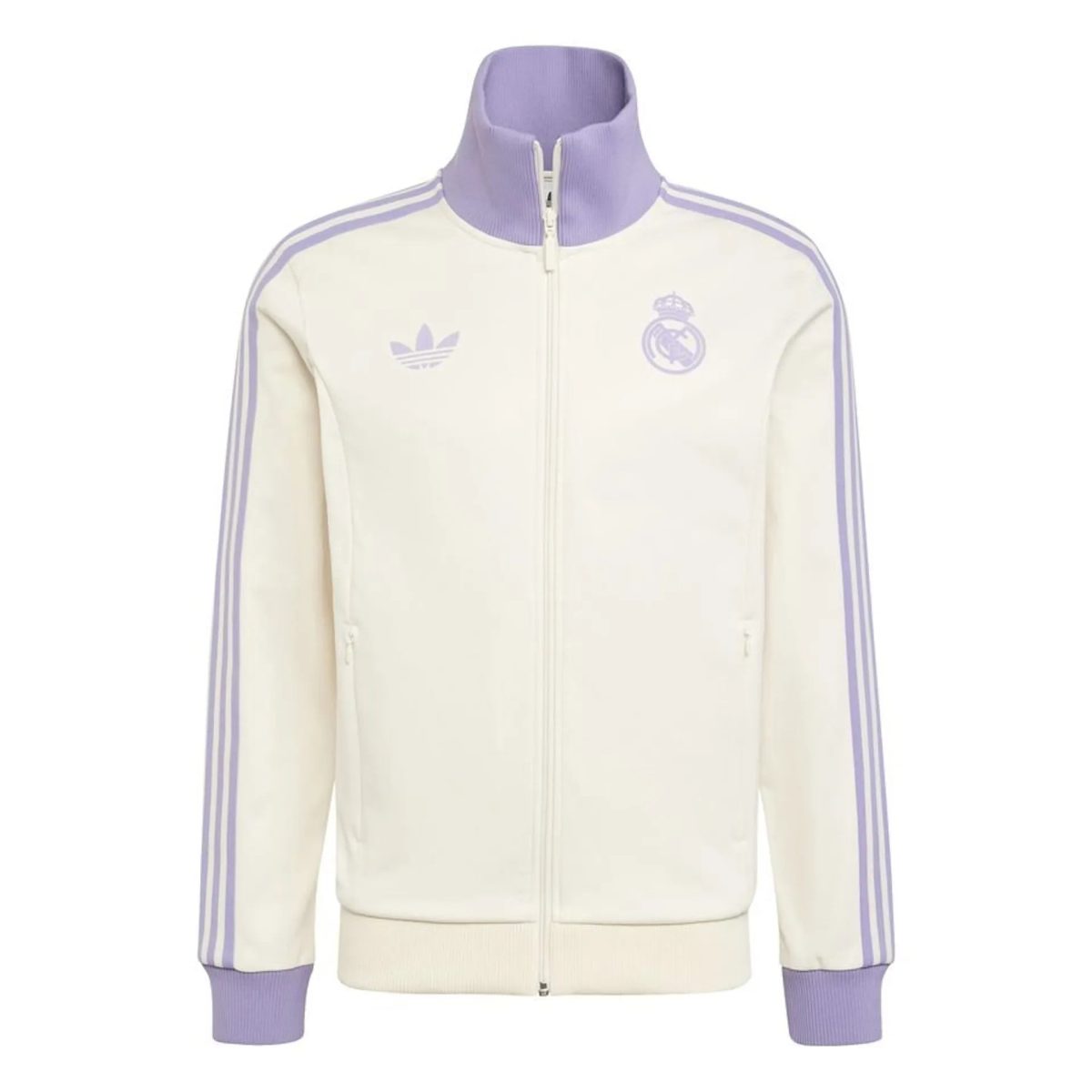 Cream-colored full-zip track jacket with lavender collar and striped sleeves; Real Madrid crest and Adidas logo on the chest.