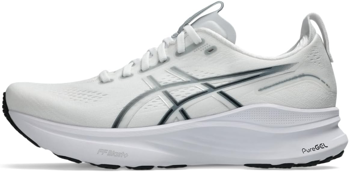 51a9Dpf5pDL._AC_SY695 | UAE SPORT STORE White running shoe with a thick sculpted midsole, lace-up top, and dark side logo stripes on a white background.