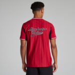Back view of a man wearing a red Manchester United football jersey with thin black vertical stripes.