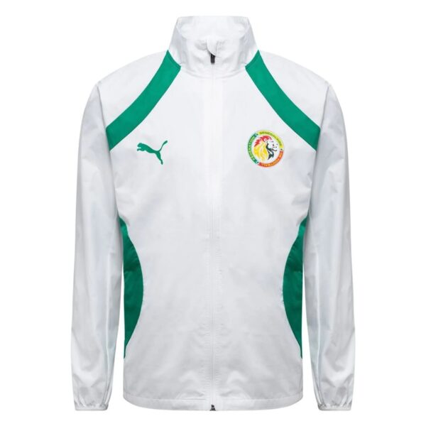 White track jacket with bold green diagonal panels, Puma logo on the left chest and a circular team crest on the right chest.