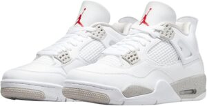White Air Jordan 4 sneakers with red Jumpman logos on a white background