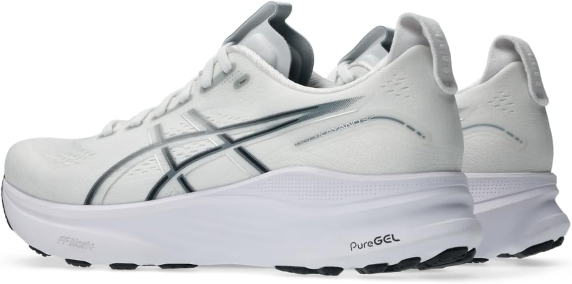 51kZF4qbFeL._AC_SY695 | UAE SPORT STORE White running shoes with a thick white sole and black side stripes, showing brand logo and 'PureGEL' on the midsole.