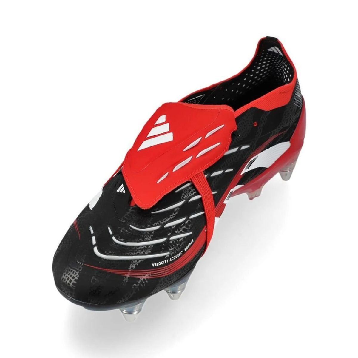Red and black soccer cleat with a red strap across the top and white accent marks.